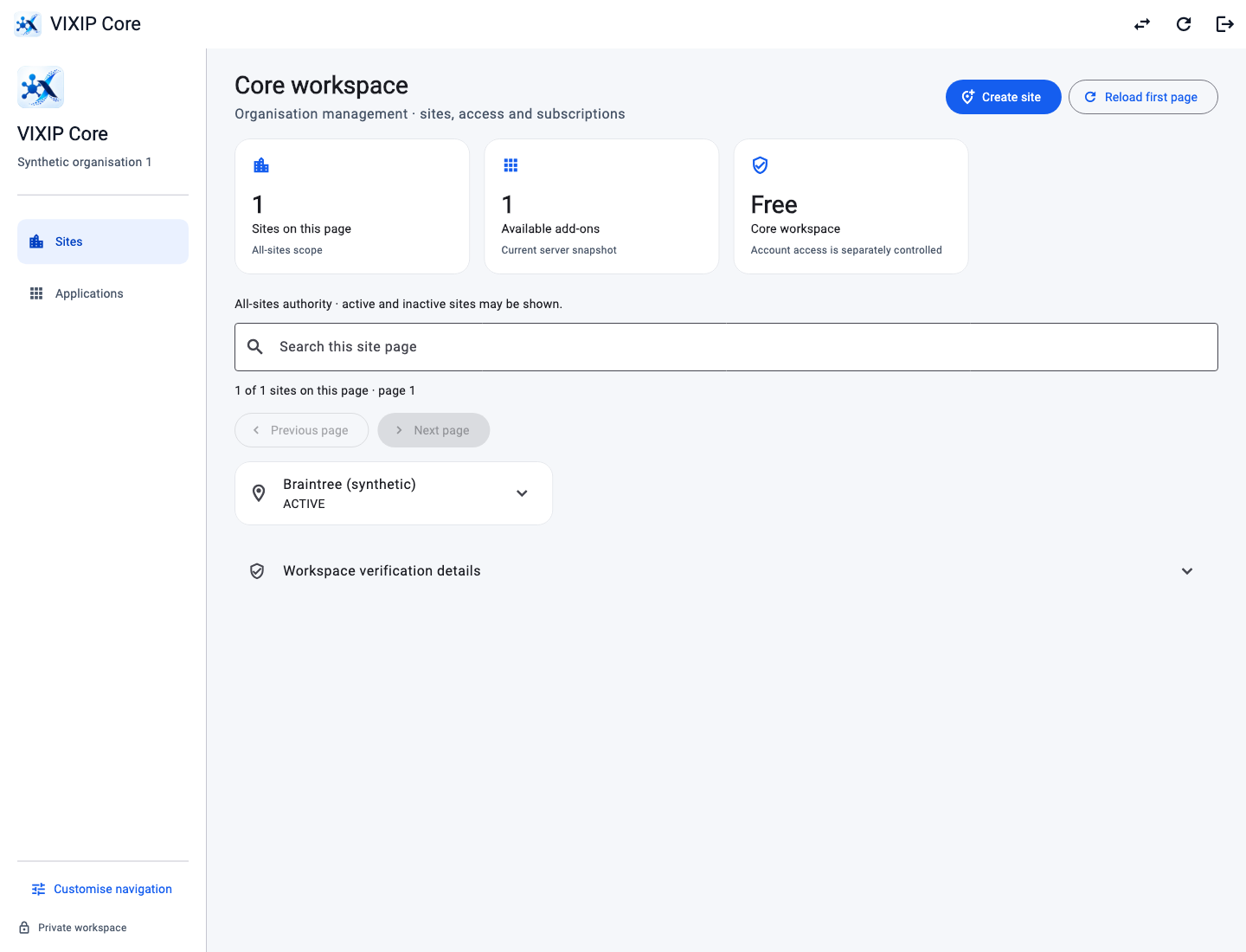 Development screenshot of the Core organisation workspace showing a synthetic site and application directory